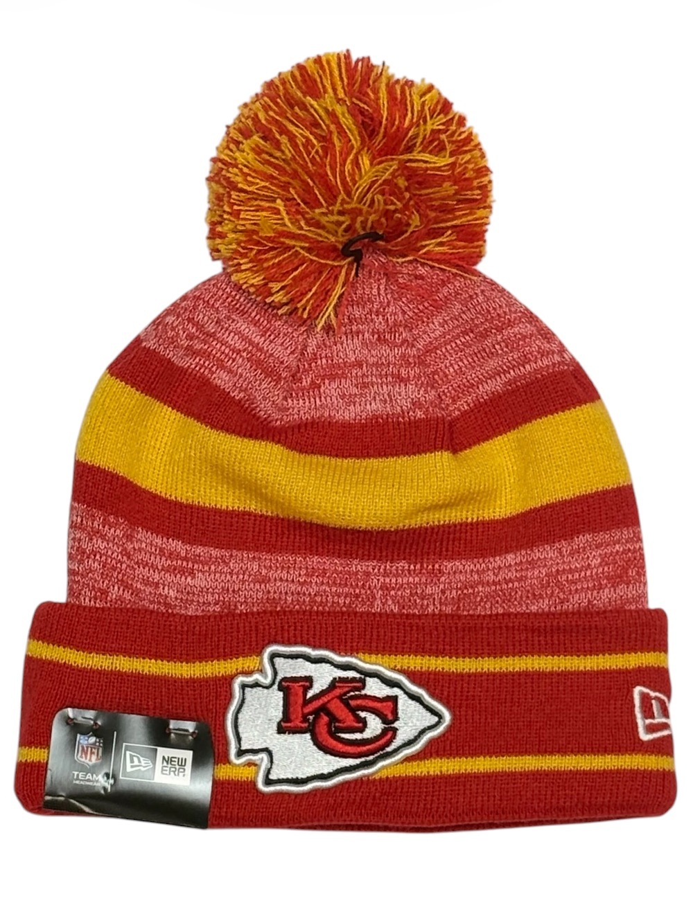 NWT New Era Kansas City Chiefs NFL Beanie Hat Pom Knit Red Yellow One Size